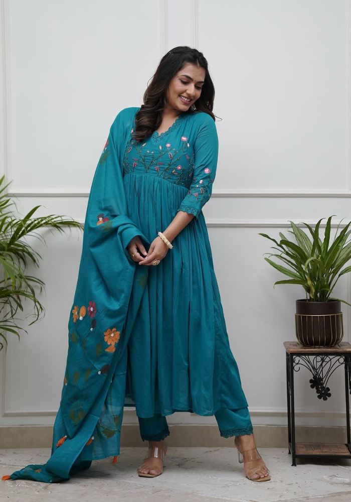 Midnight Teal Embroidered Anarkali Set