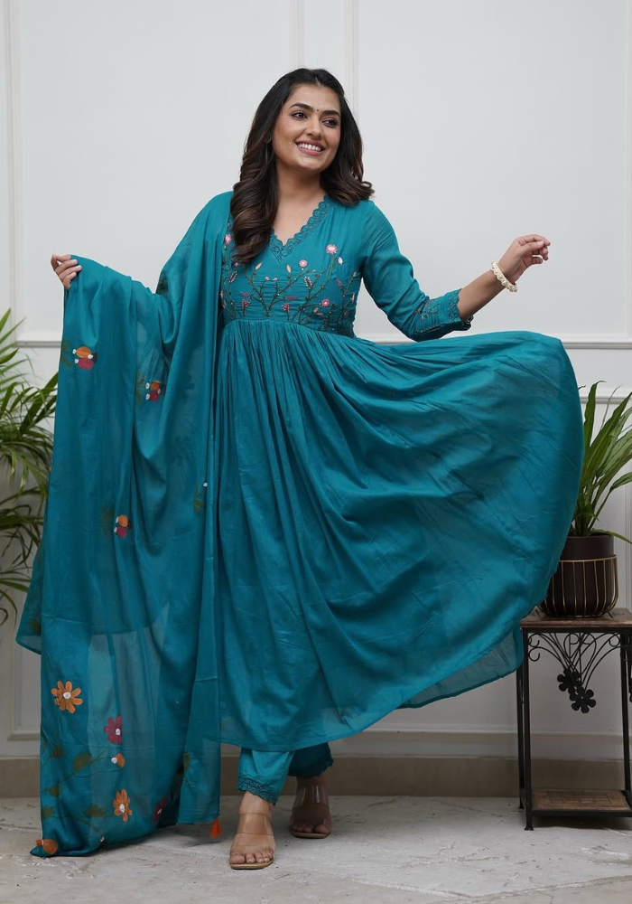 Midnight Teal Embroidered Anarkali Set