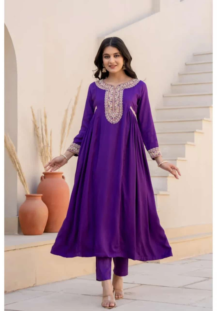 Regal Radiance: Purple Embroidered Ethnic Set for Timeless Elegance