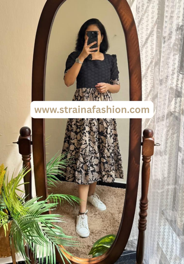 Elegant Black & Beige Fusion Midi Dress
