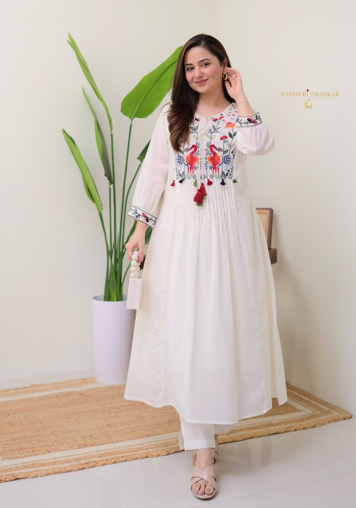 Elegant Off-White Cotton Kurti Set with Vibrant Embroidery