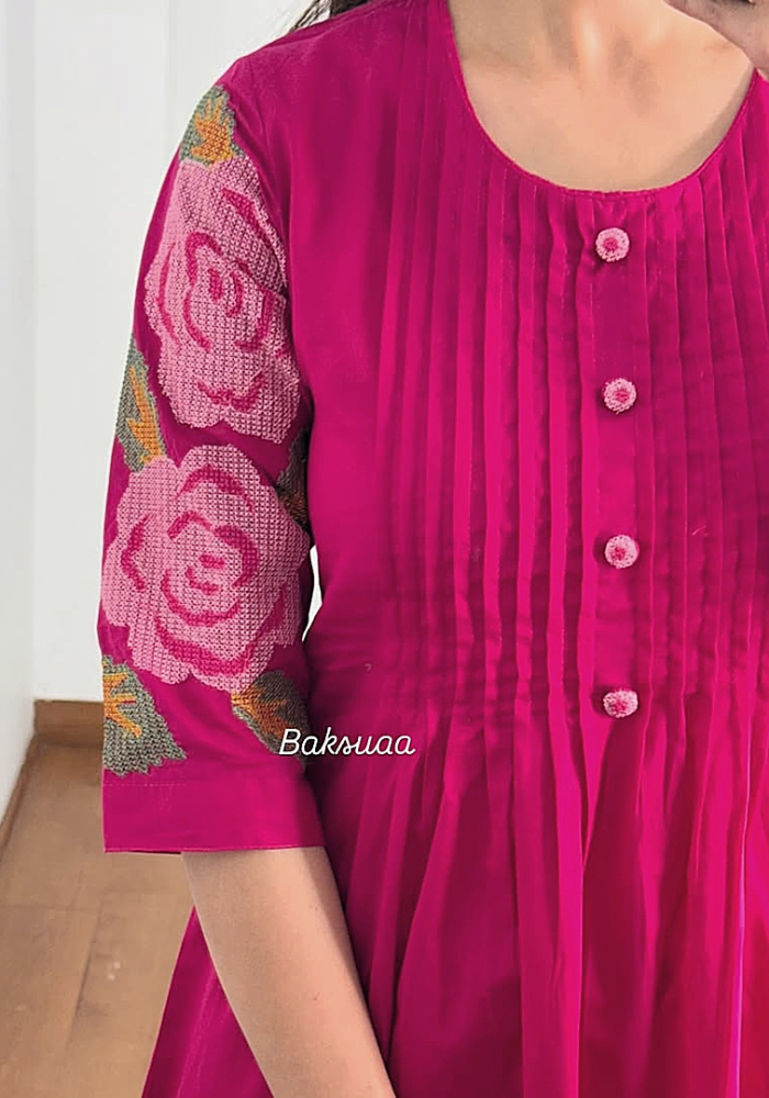 Floral Grace - Pure Cotton Kurti Plazo Set with Embroidered Sleeves