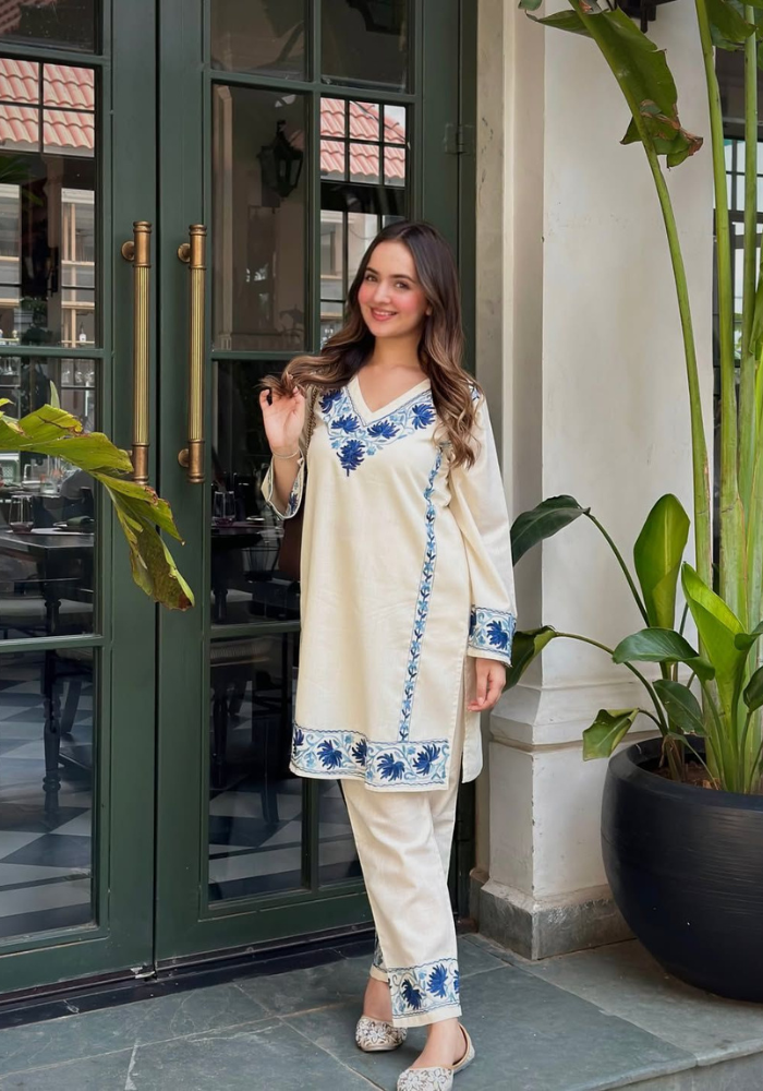 Blue Blossom Cotton Flex Kurti – Handcrafted Border Katha Detailing