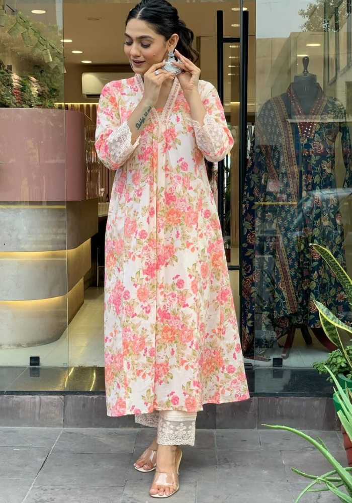 Blush Petal Charm โ Elegant Floral Cotton Kurti Set