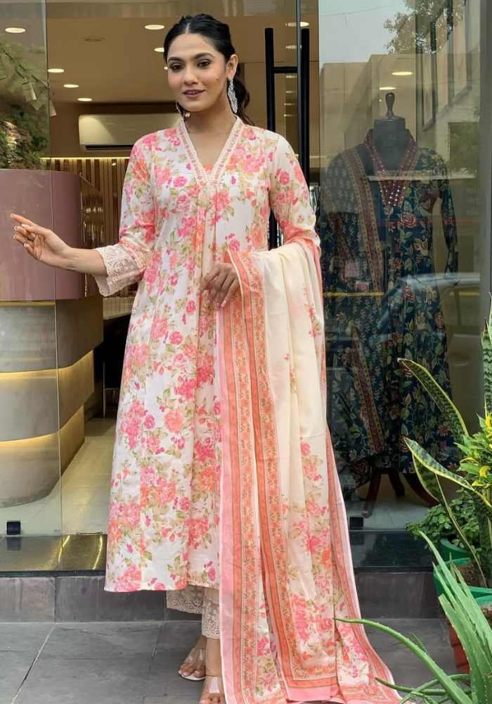 Blush Petal Charm โ Elegant Floral Cotton Kurti Set
