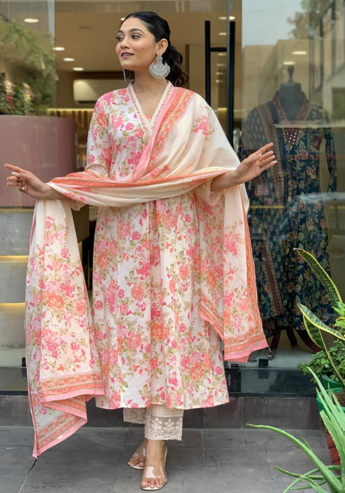 Blush Petal Charm โ Elegant Floral Cotton Kurti Set