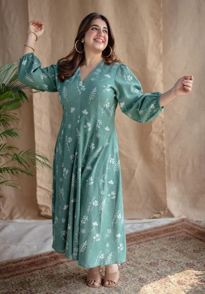 Meadow Muse Green Midi Dress | Stylish Puff Sleeve Look