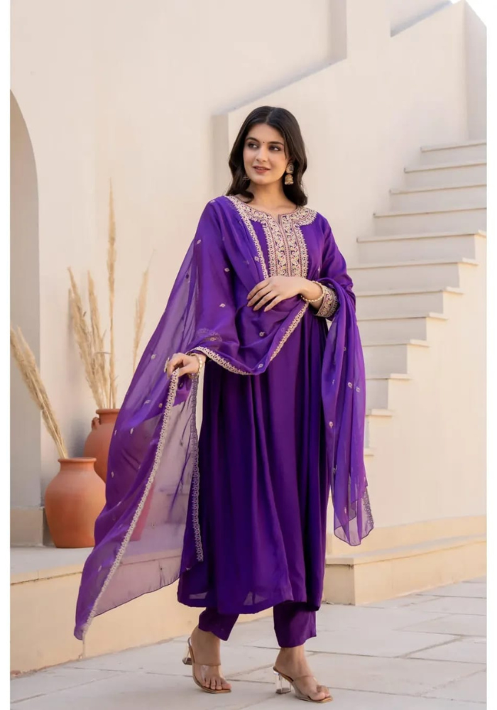 Regal Radiance: Purple Embroidered Ethnic Set for Timeless Elegance