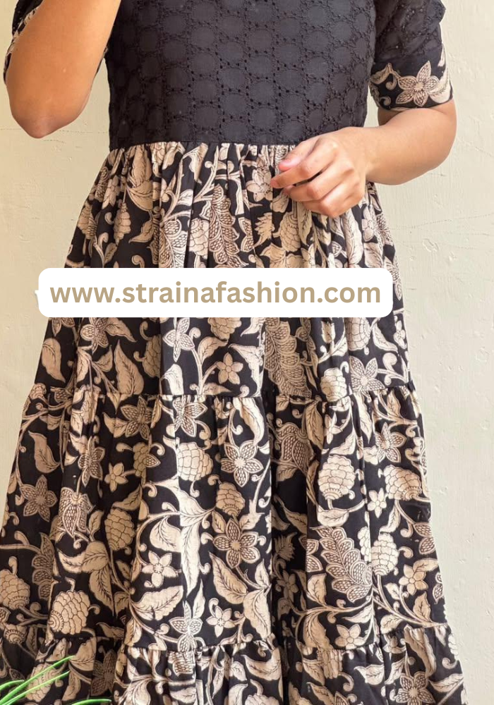 Elegant Black & Beige Fusion Midi Dress