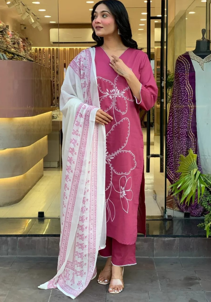 Gulabi Grace: Wine Pink Kurta Set with Floral Charm