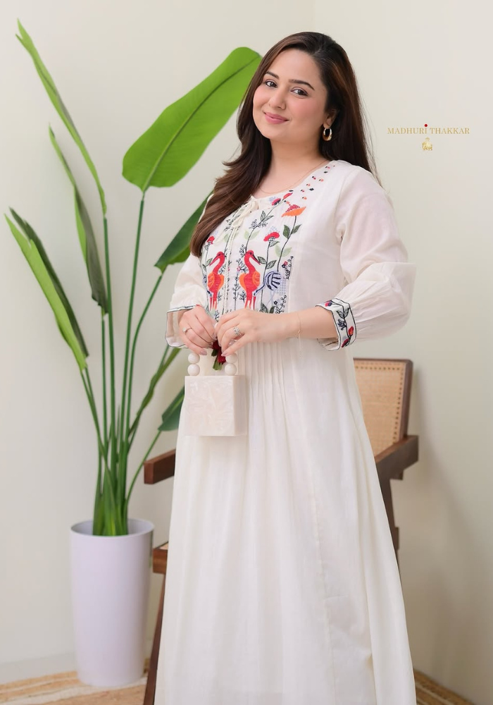 Elegant Off-White Cotton Kurti Set with Vibrant Embroidery