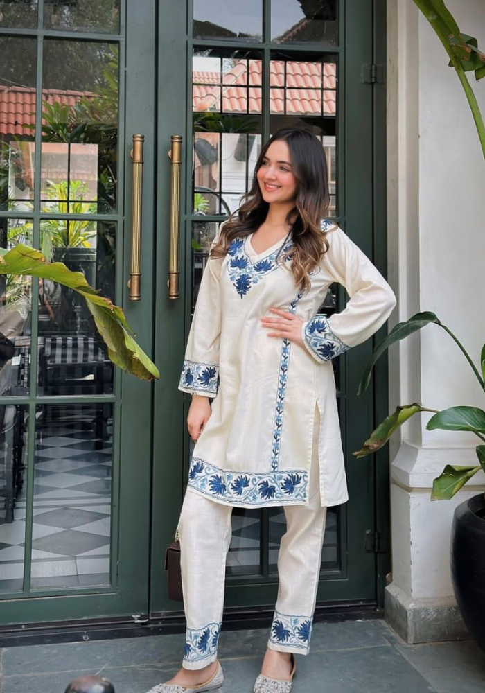 Blue Blossom Cotton Flex Kurti – Handcrafted Border Katha Detailing