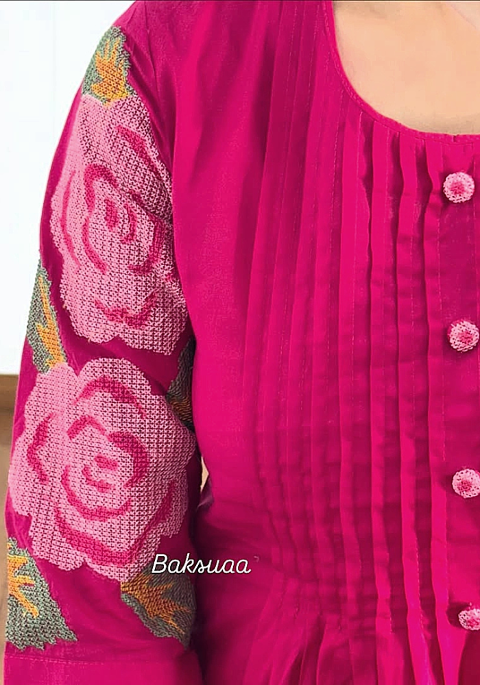 Floral Grace - Pure Cotton Kurti Plazo Set with Embroidered Sleeves