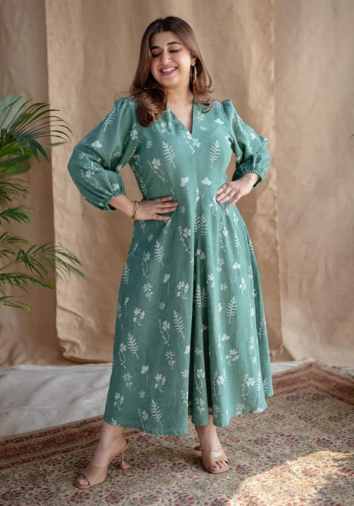 Meadow Muse Green Midi Dress | Stylish Puff Sleeve Look