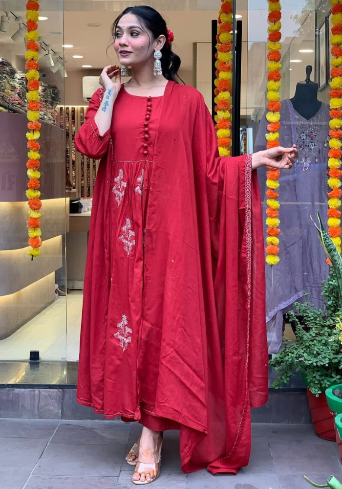 Crimson Charm Cotton Co-Ord Set | Kurti, Pant & Dupatta