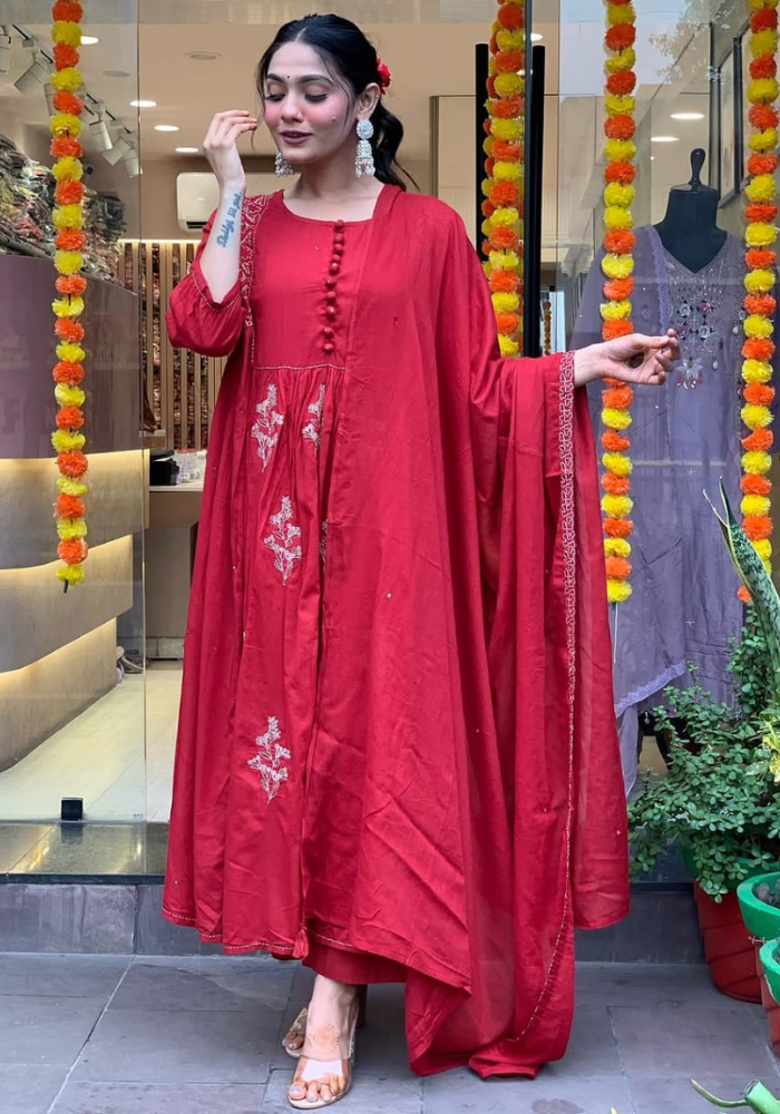 Crimson Charm Cotton Co-Ord Set | Kurti, Pant & Dupatta