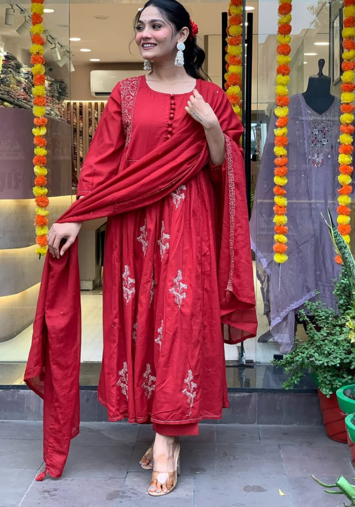 Crimson Charm Cotton Co-Ord Set | Kurti, Pant & Dupatta