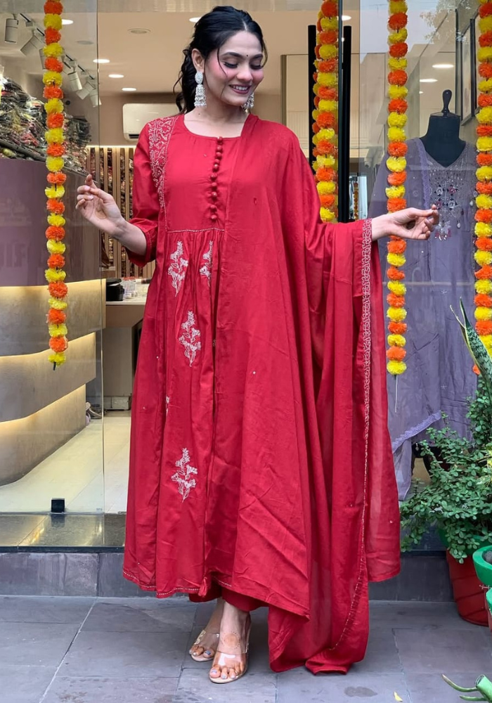 Crimson Charm Cotton Co-Ord Set | Kurti, Pant & Dupatta