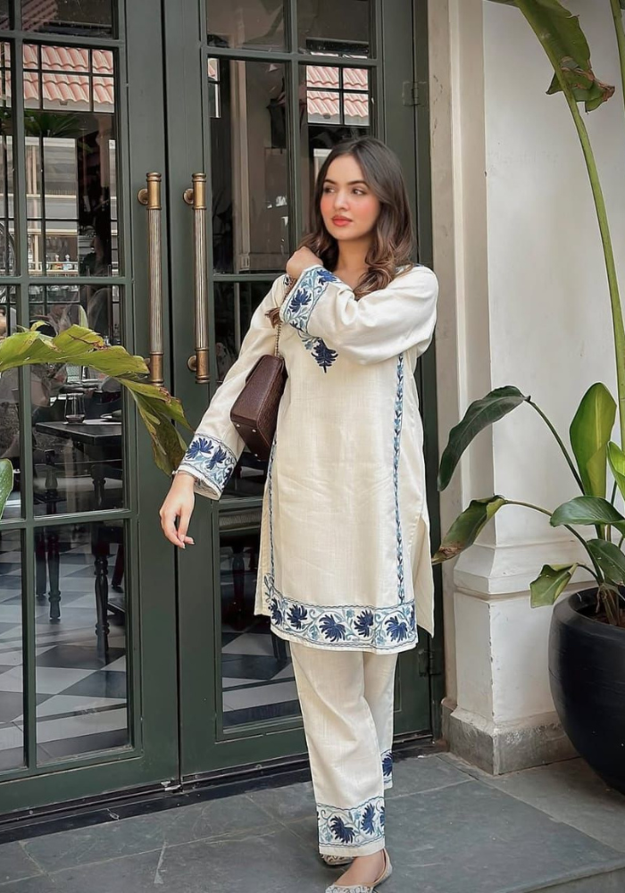 Blue Blossom Cotton Flex Kurti – Handcrafted Border Katha Detailing