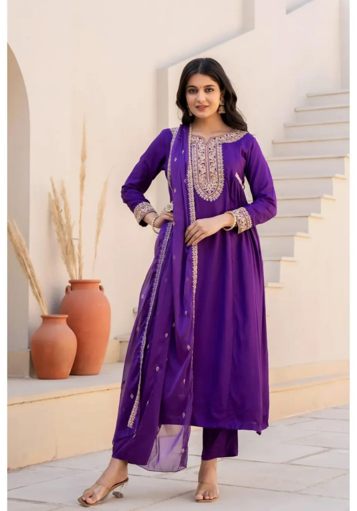 Regal Radiance: Purple Embroidered Ethnic Set for Timeless Elegance