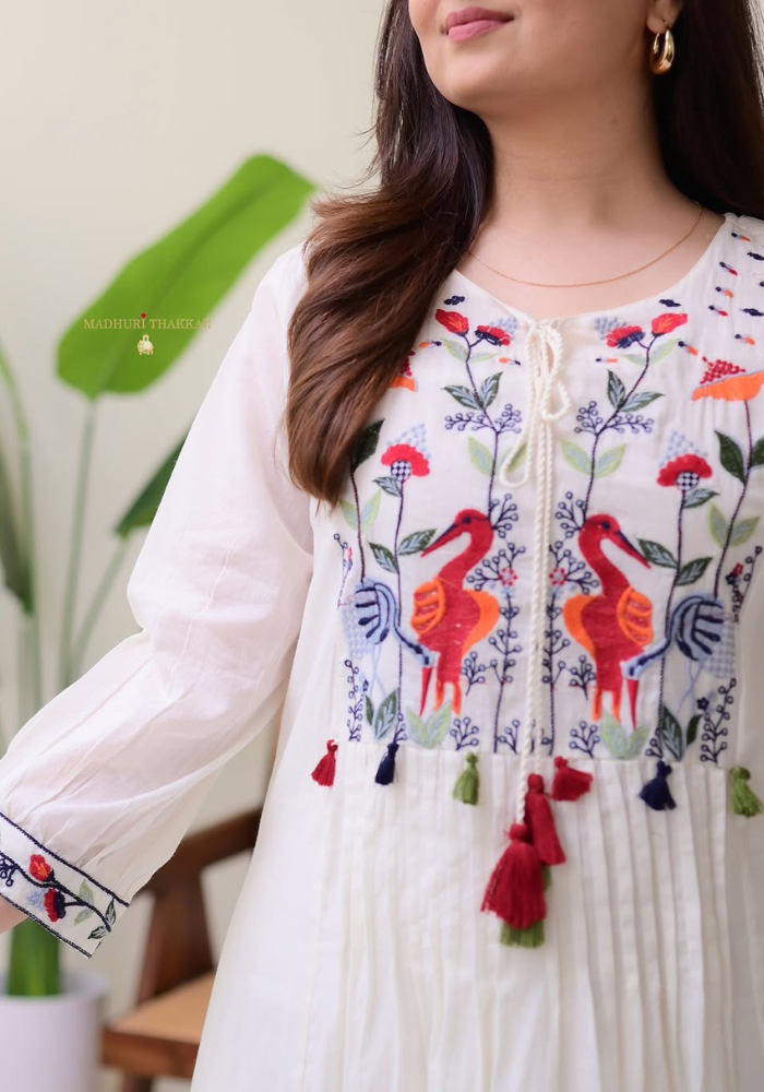 Elegant Off-White Cotton Kurti Set with Vibrant Embroidery