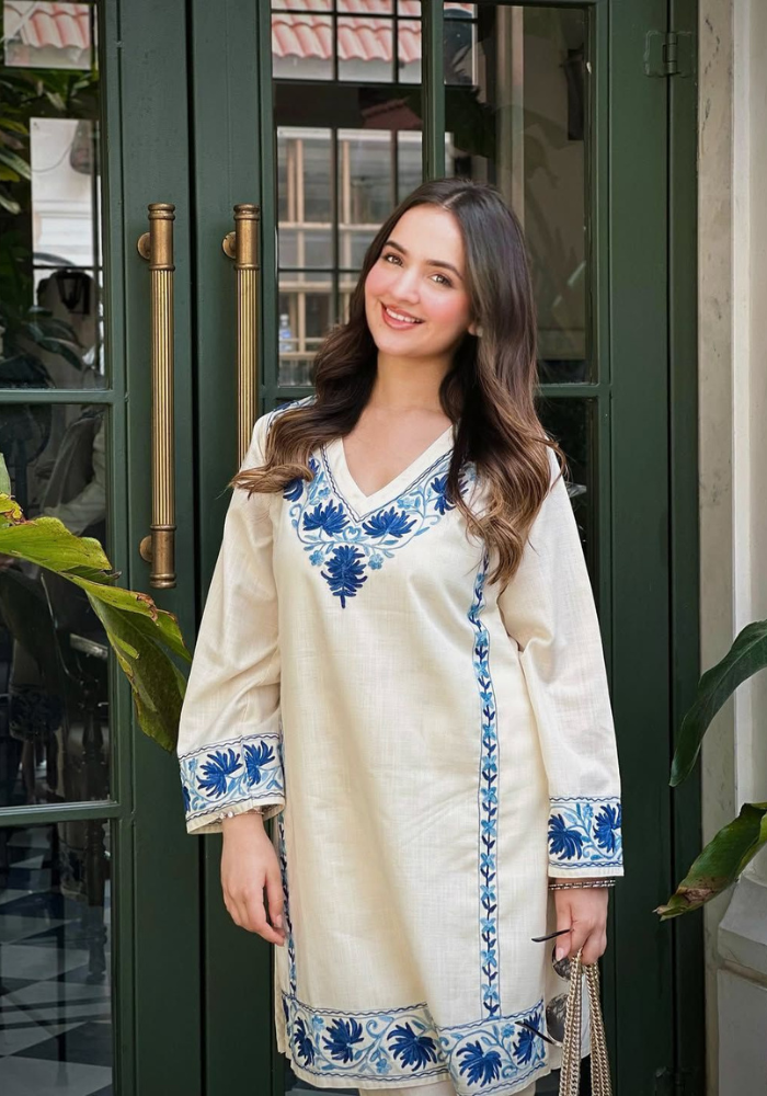 Blue Blossom Cotton Flex Kurti – Handcrafted Border Katha Detailing