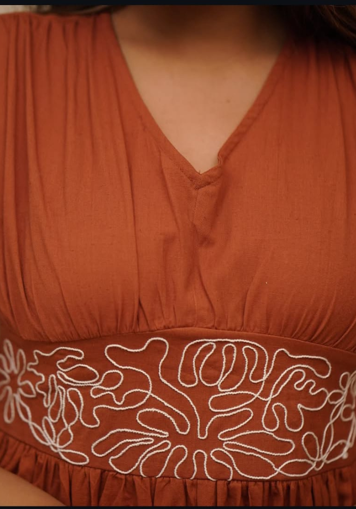 Rust Fit & Flare Cotton Midi Dress