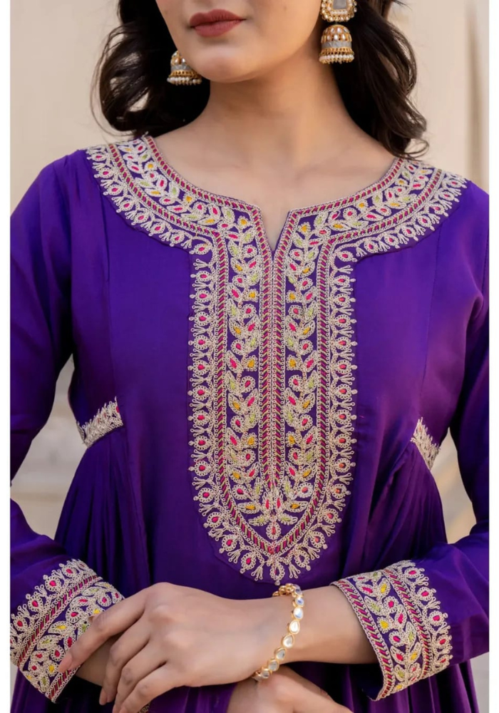 Regal Radiance: Purple Embroidered Ethnic Set for Timeless Elegance