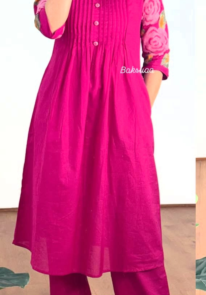 Floral Grace - Pure Cotton Kurti Plazo Set with Embroidered Sleeves