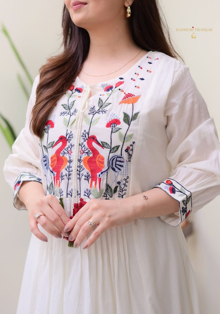 Elegant Off-White Cotton Kurti Set with Vibrant Embroidery