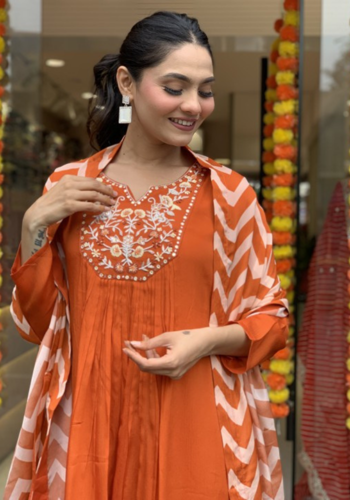Elegant Orange Kurta Set with Chevron Dupatta