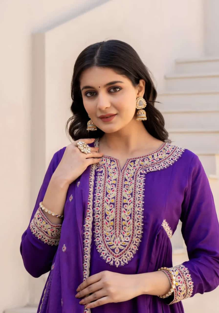 Regal Radiance: Purple Embroidered Ethnic Set for Timeless Elegance