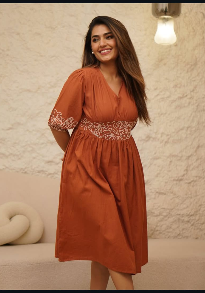 Rust Fit & Flare Cotton Midi Dress