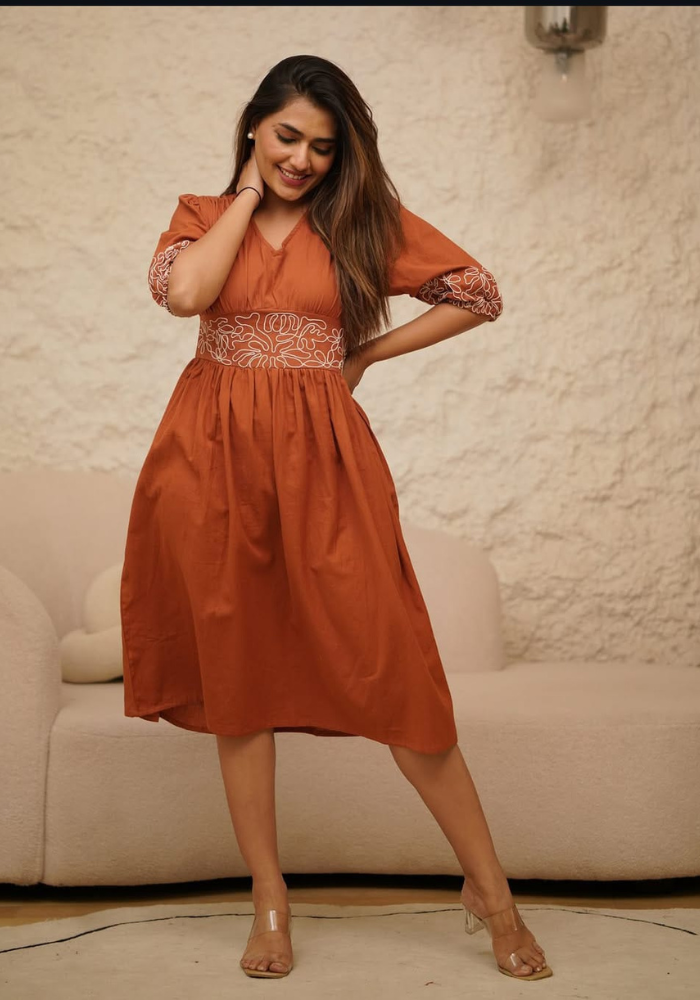 Rust Fit & Flare Cotton Midi Dress