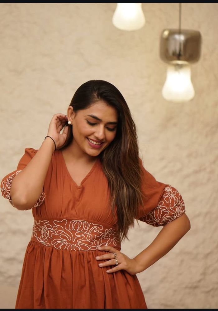 Rust Fit & Flare Cotton Midi Dress