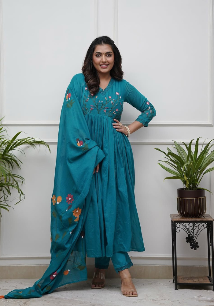 Midnight Teal Embroidered Anarkali Set