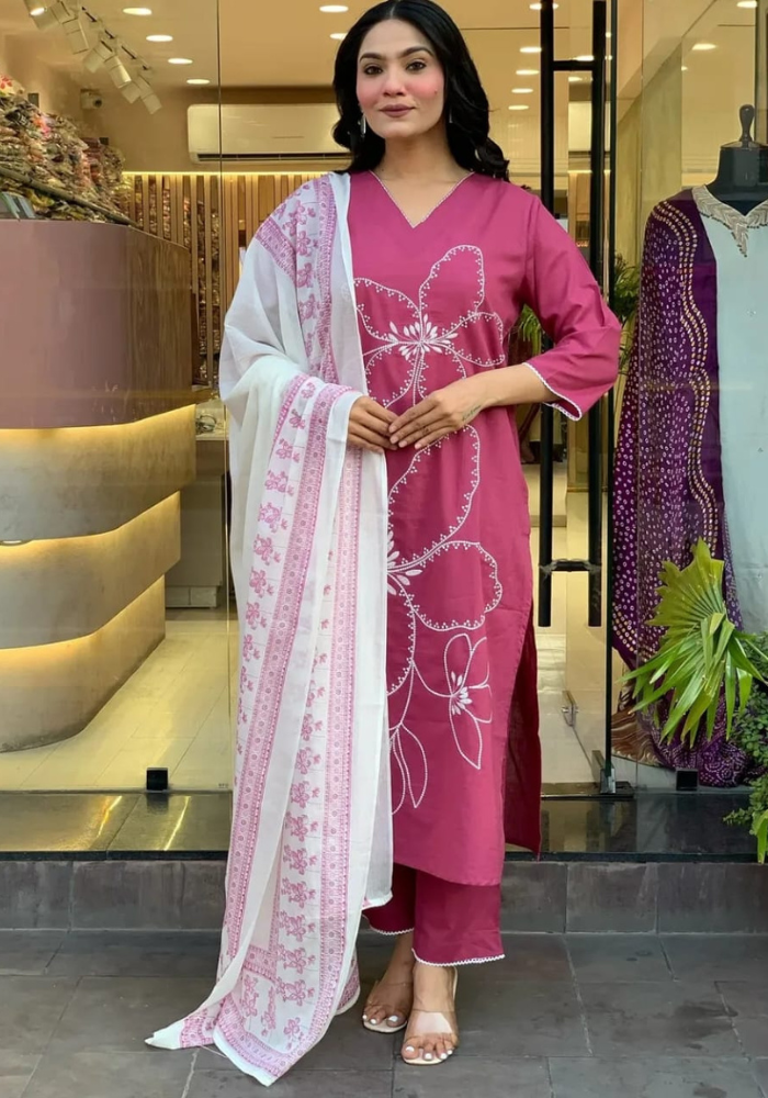 Gulabi Grace: Wine Pink Kurta Set with Floral Charm