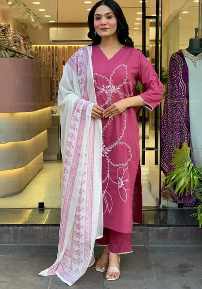 Gulabi Grace: Wine Pink Kurta Set with Floral Charm