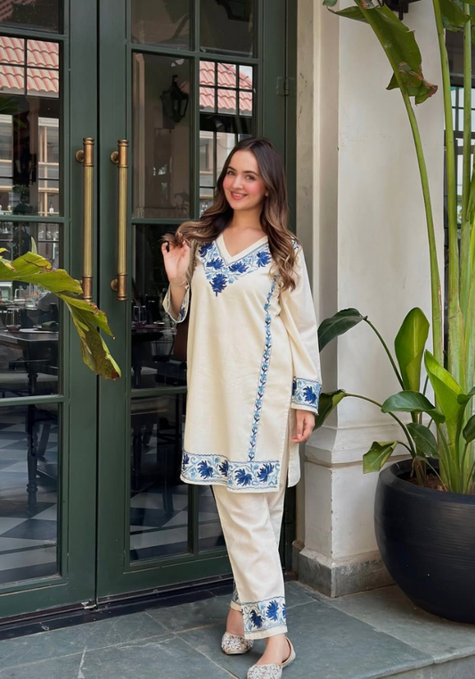 Blue Blossom Cotton Flex Kurti – Handcrafted Border Katha Detailing