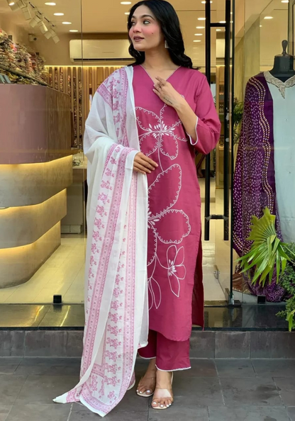 Gulabi Grace: Wine Pink Kurta Set with Floral Charm