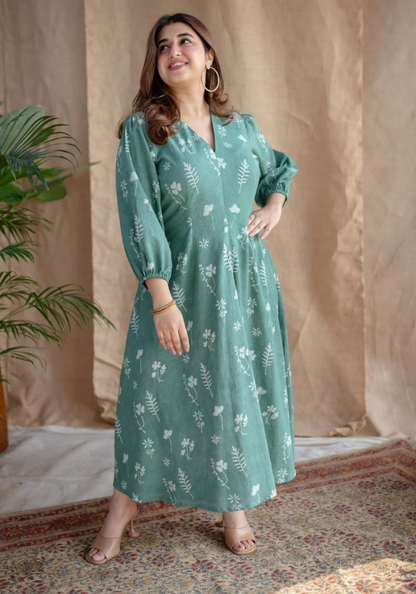 Meadow Muse Green Midi Dress | Stylish Puff Sleeve Look