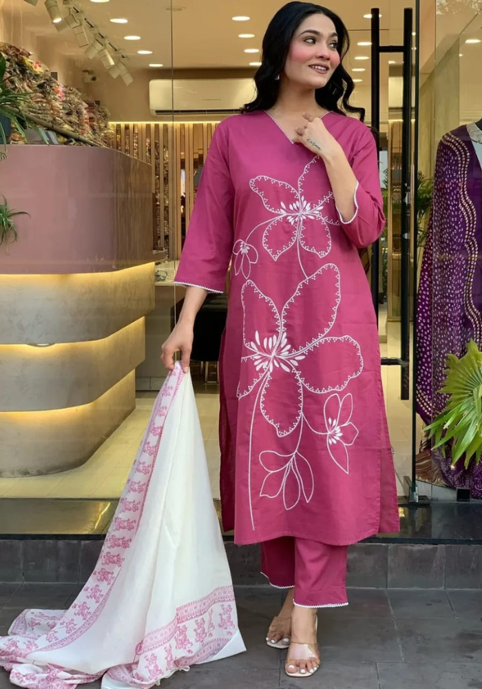 Gulabi Grace: Wine Pink Kurta Set with Floral Charm