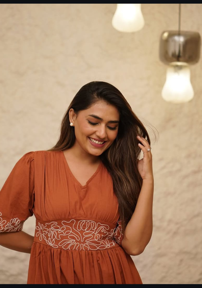 Rust Fit & Flare Cotton Midi Dress