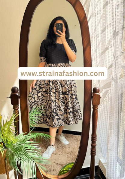 Elegant Black & Beige Fusion Midi Dress