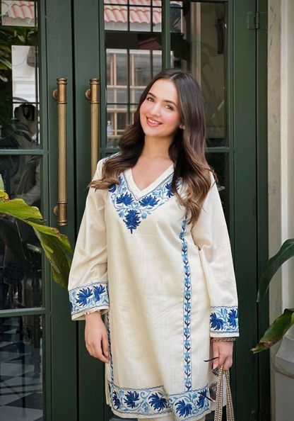 Blue Blossom Cotton Flex Kurti – Handcrafted Border Katha Detailing
