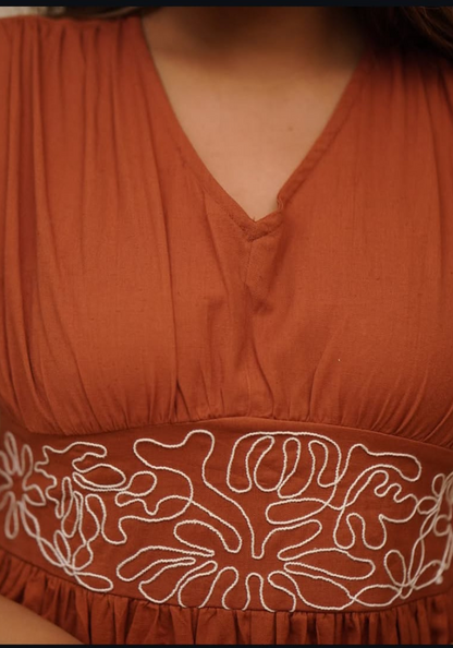 Rust Fit & Flare Cotton Midi Dress