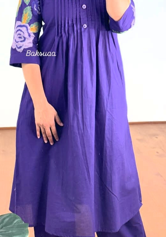 Floral Grace - Pure Cotton Kurti Plazo Set with Embroidered Sleeves