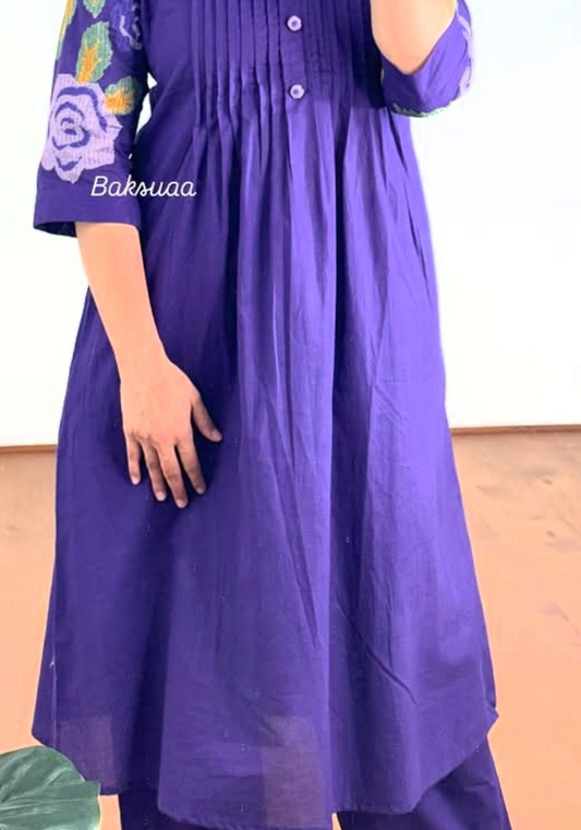 Floral Grace - Pure Cotton Kurti Plazo Set with Embroidered Sleeves