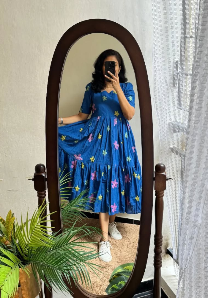 Vibrant Blue Floral Midi Dress